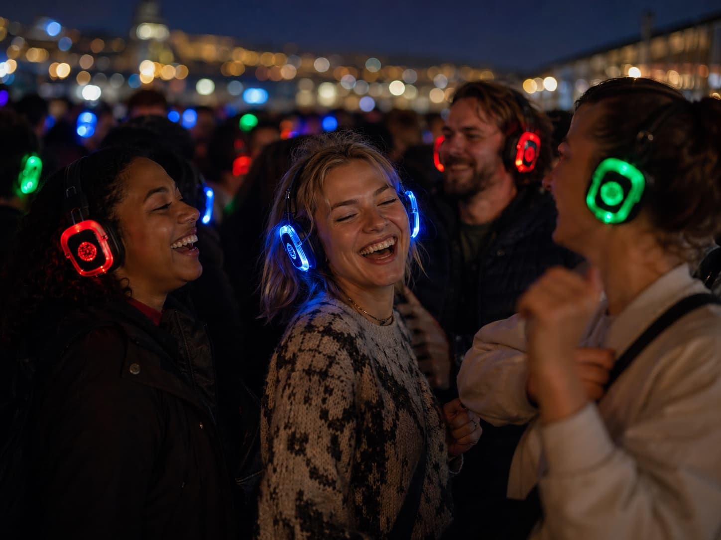 Gjester med glødende headset på silent disco